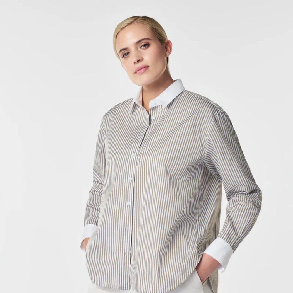NWT SPANX Poplin Oversized Button Down, Matcha Stripe